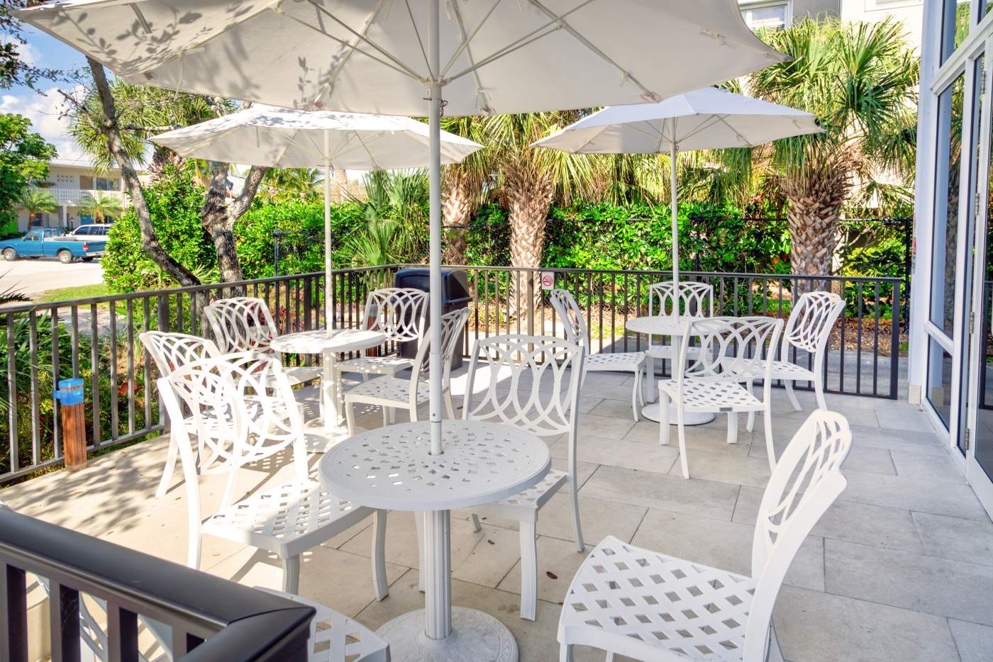 Patio with umbrellas and chairs